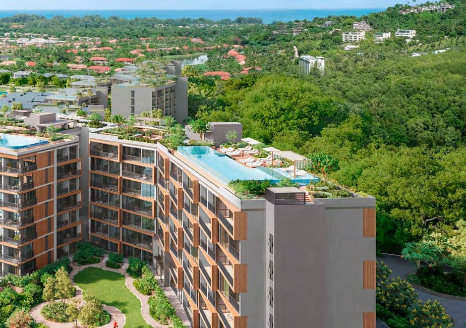 Building with rooftop pool and garden courtyard