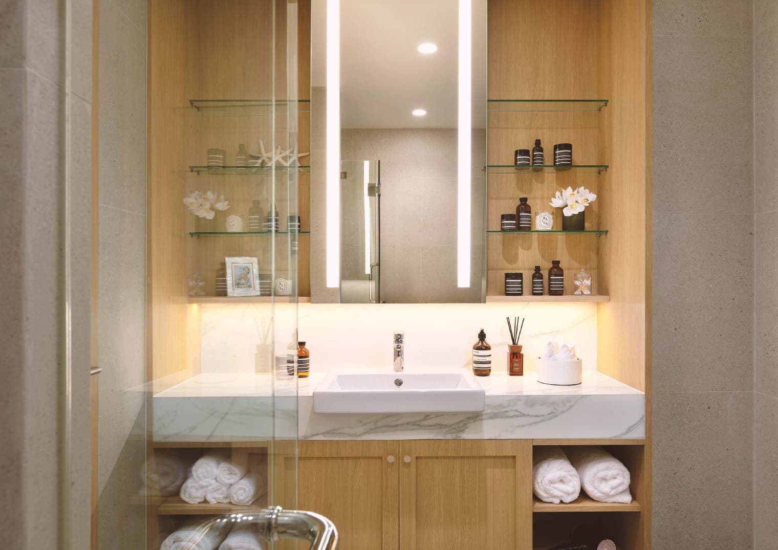 Bathroom vanity with marble top and open shelving