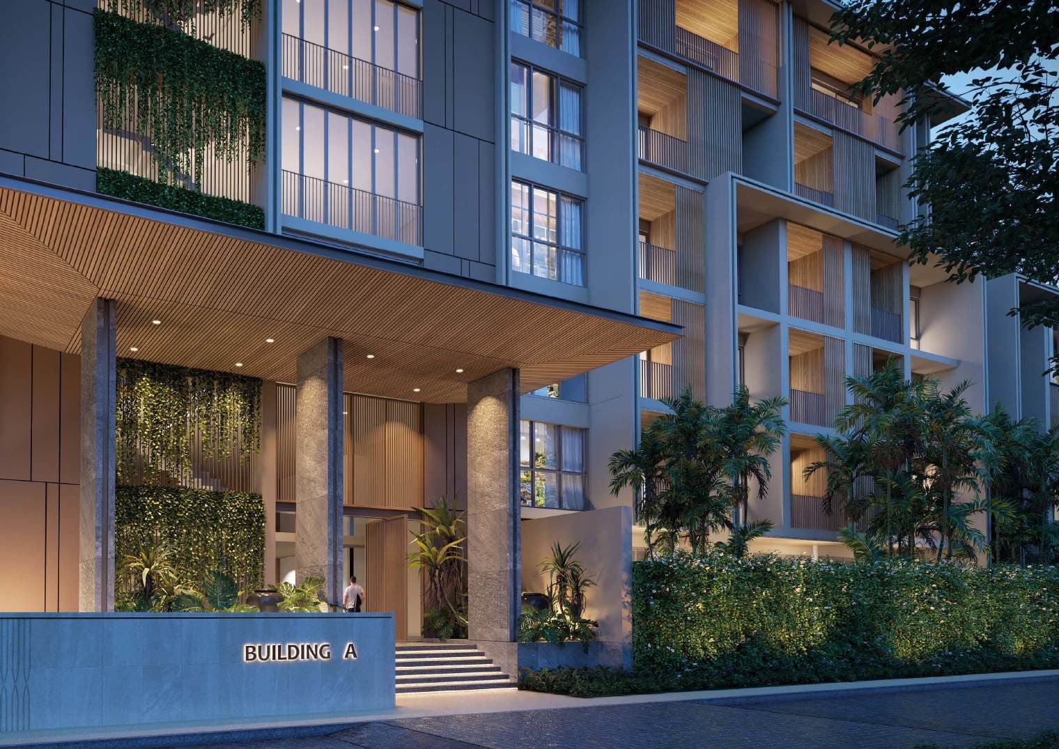 Entrance to Building A at dusk