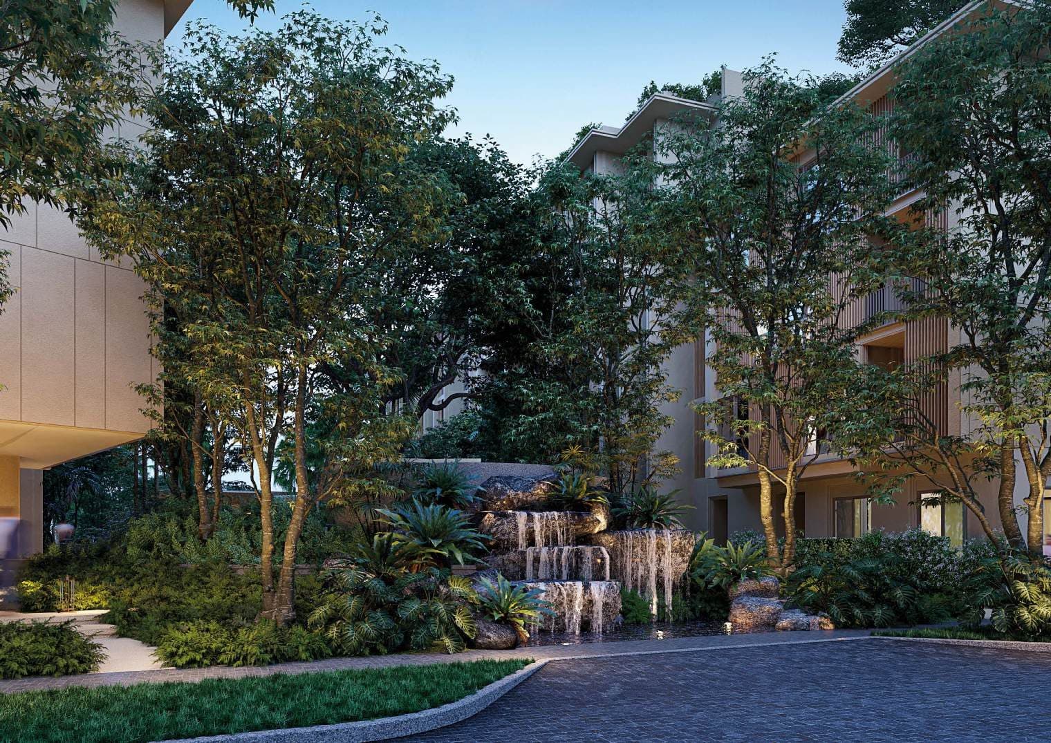 Entrance drive with waterfall and tropical planting