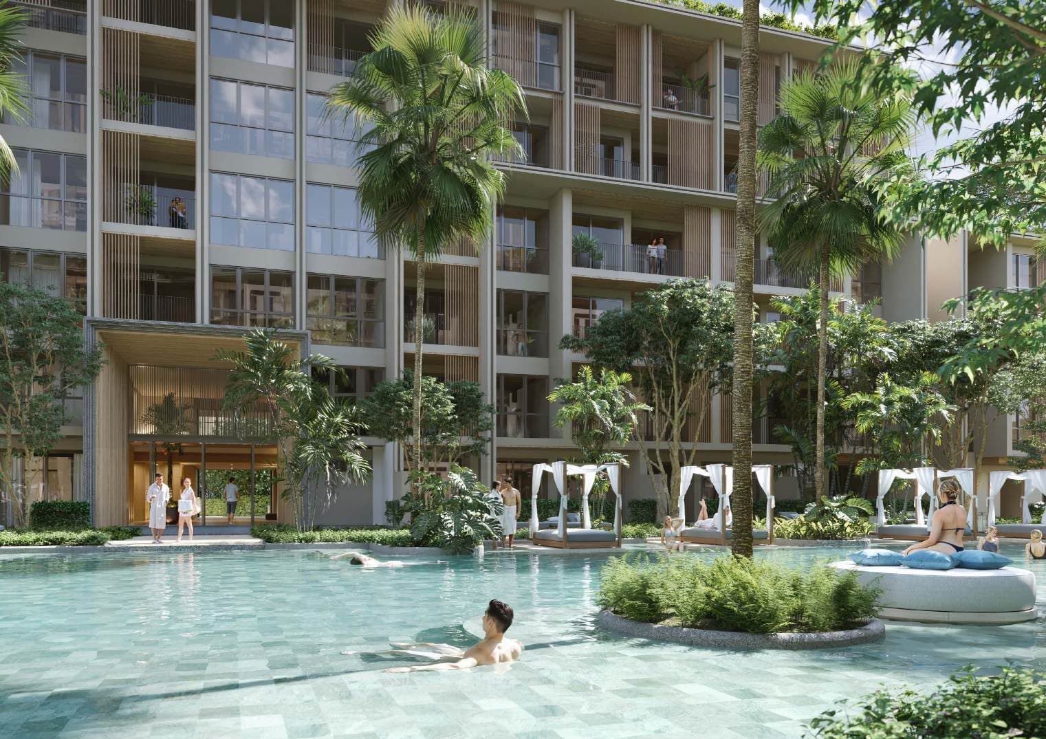 Main pool and cabanas beneath the residential buildings