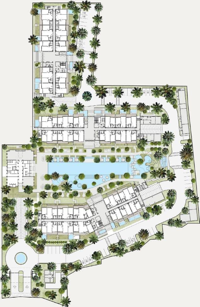 Sudara master plan with three condominium blocks around the central pools, Pavilion and main gate
