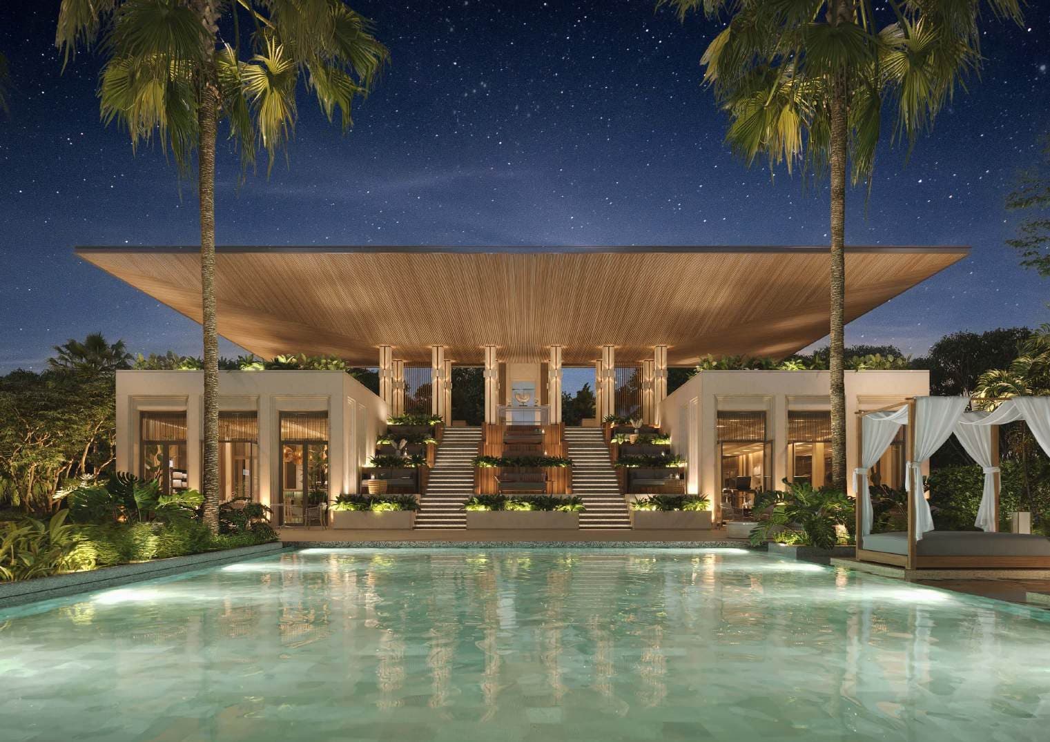 The Pavilion and pool lit at night