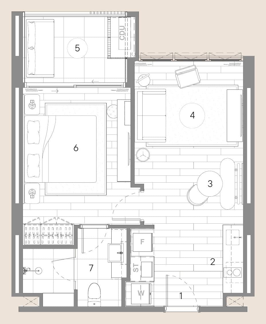 Sudara one-bedroom plan: enclosed area 46 sqm and covered balcony 6 sqm, with entry, kitchen, dining, living, master bedroom and ensuite
