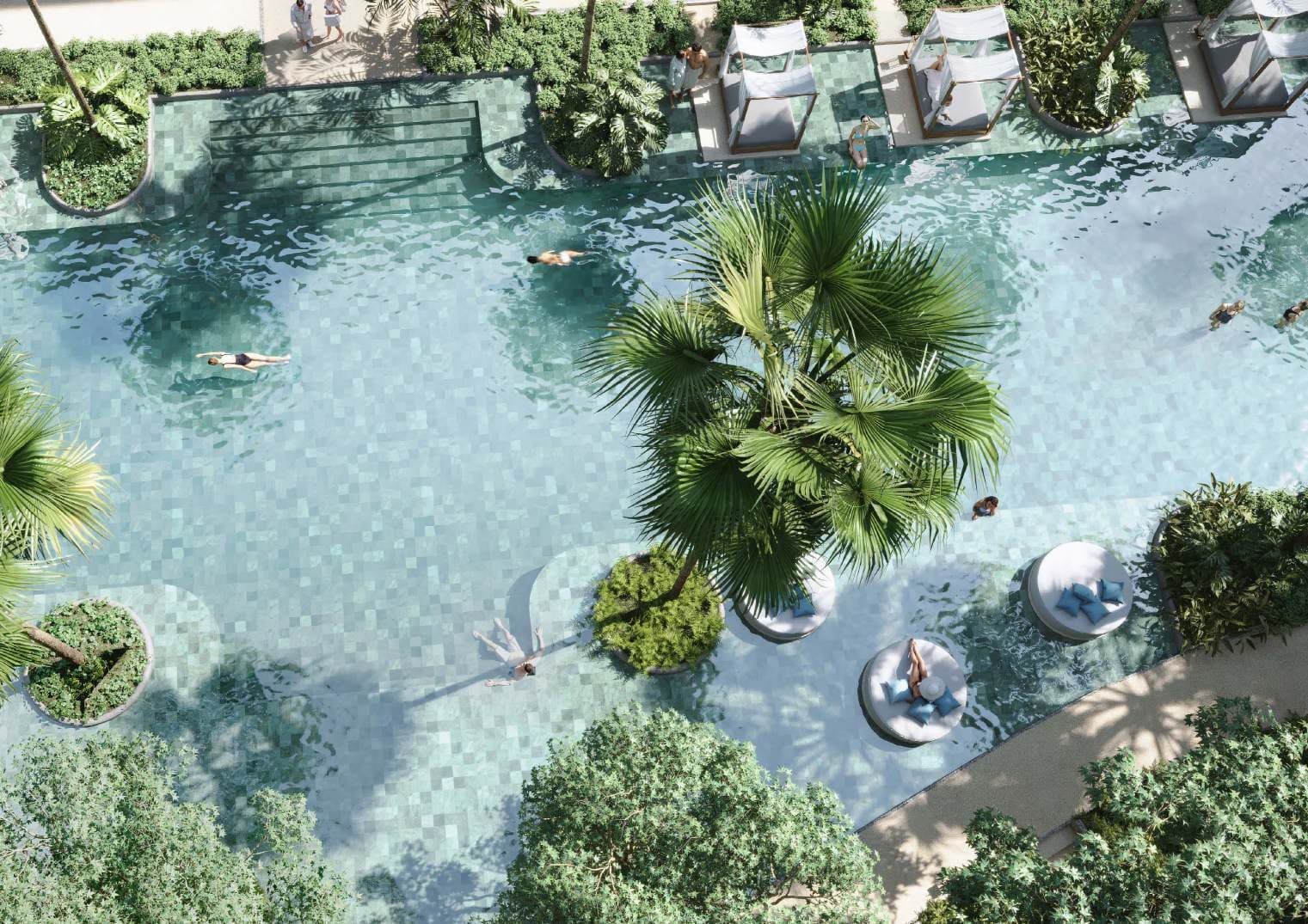 Pools and palms seen from above