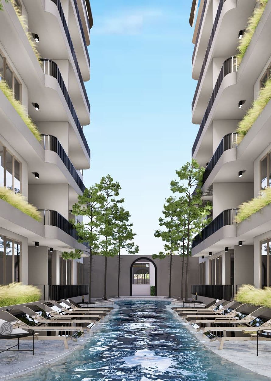 Pool running between the buildings of The Element
