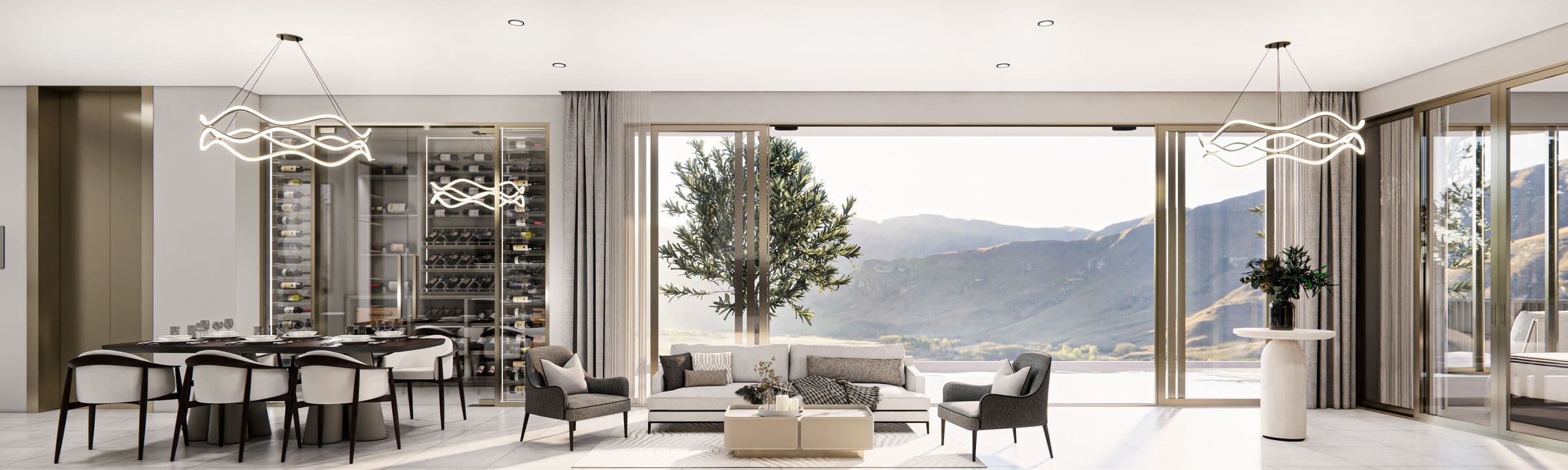 Dining room with wine wall and living area