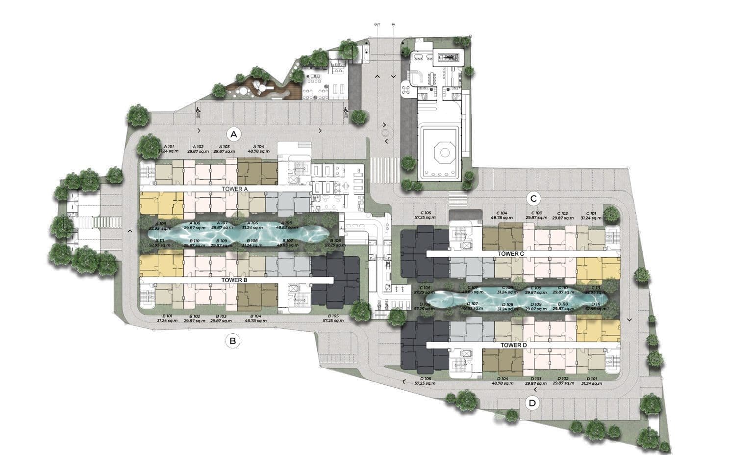 The Element 1st floor master plan with Towers A–D, two pools and the tennis court