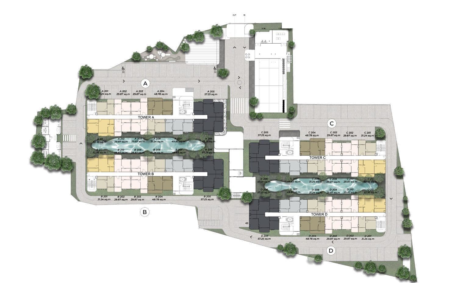 The Element 2nd floor plan showing unit numbers and sizes across Towers A–D