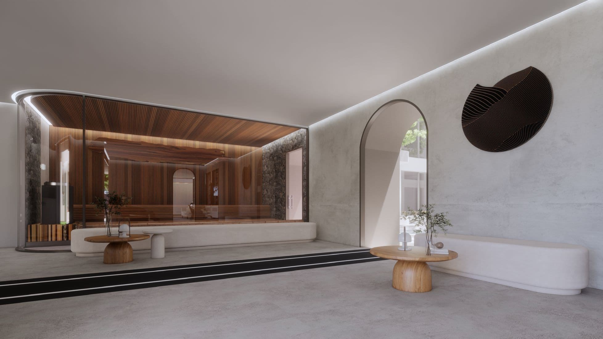 Wellness area with a glass-fronted timber room