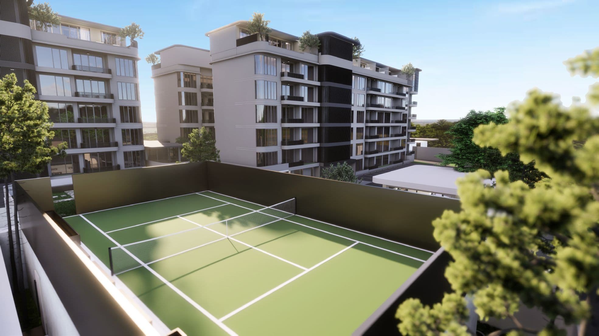 Tennis court beside the buildings