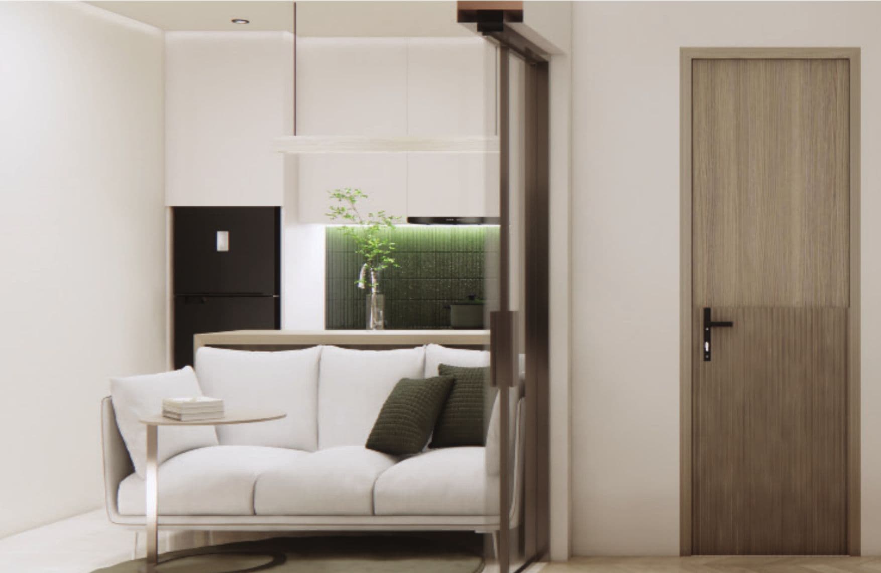 One-bedroom living area with sofa and kitchen behind