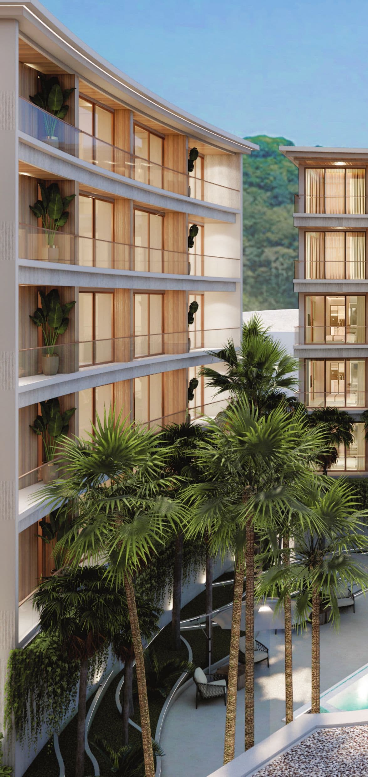 Curved balconies above the gardens