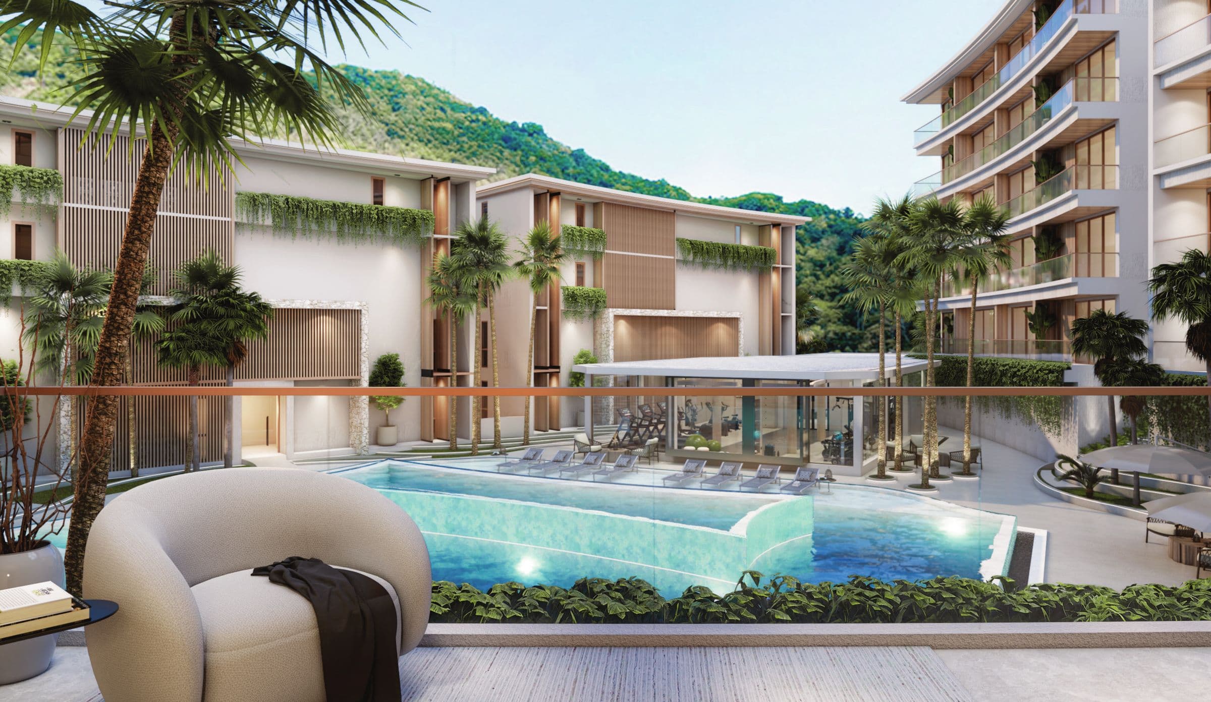 The Trees Residence buildings around a pool, seen from a balcony terrace with hills beyond