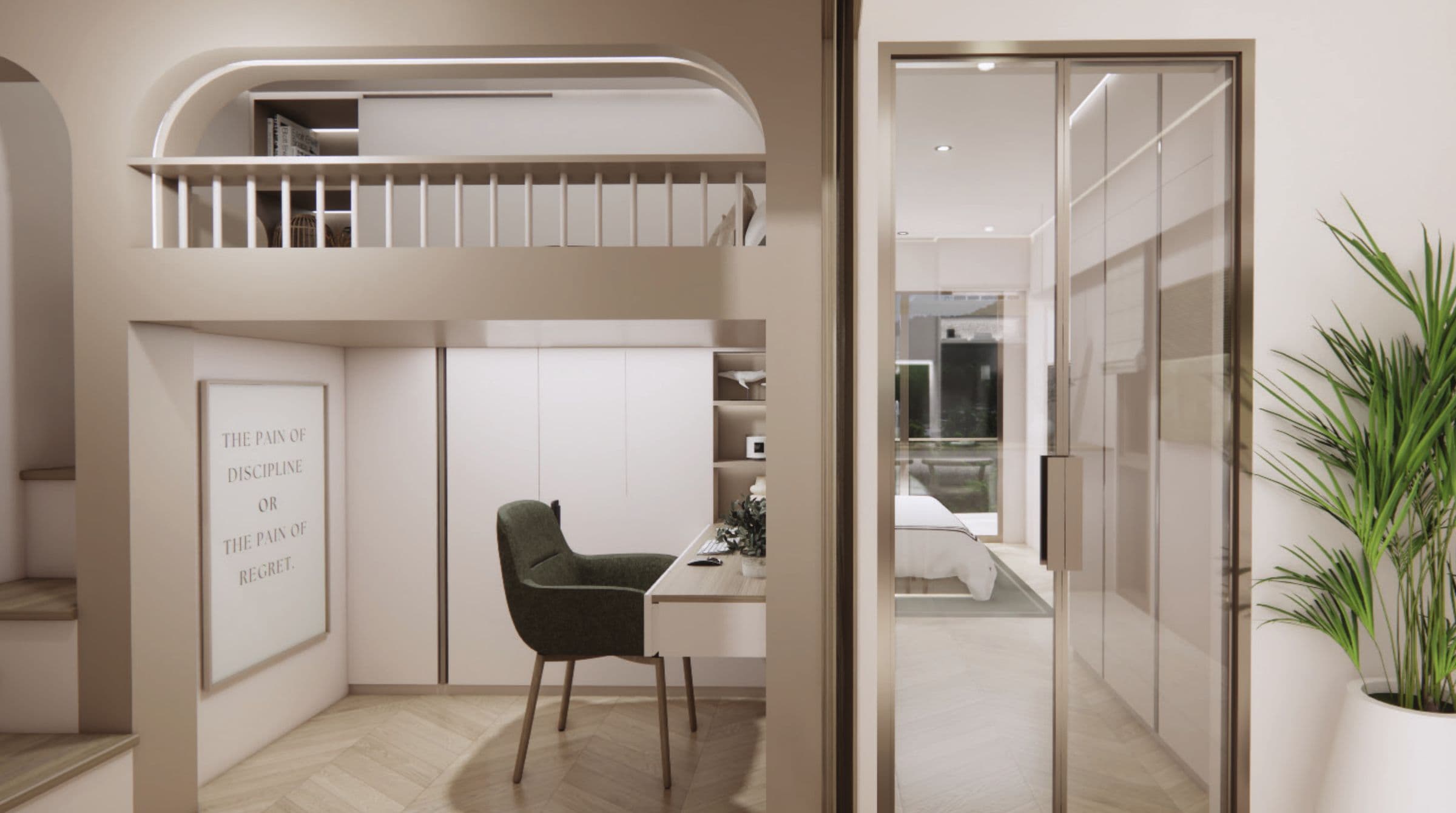 Residence interior with study nook beneath a loft
