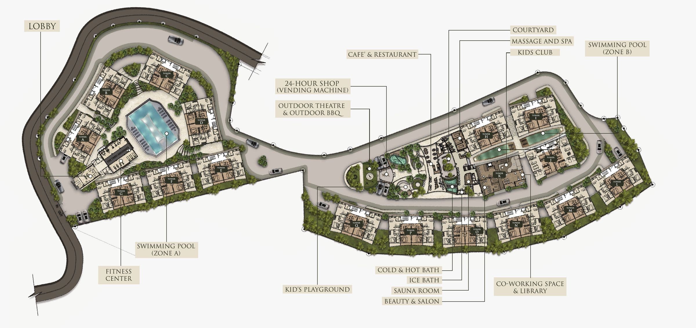 The Trees Residence master plan (1st floor) with Towers A–Q, two pool zones and facilities