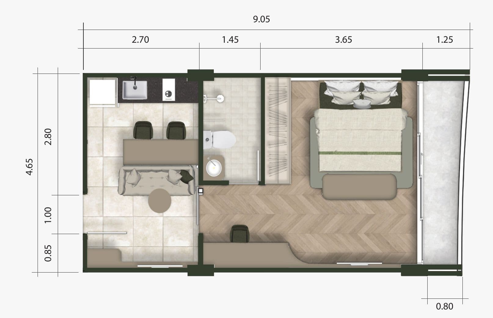 The Trees Residence one-bedroom plan, 9.05 m deep, with kitchen and dining, bathroom, bedroom and balcony