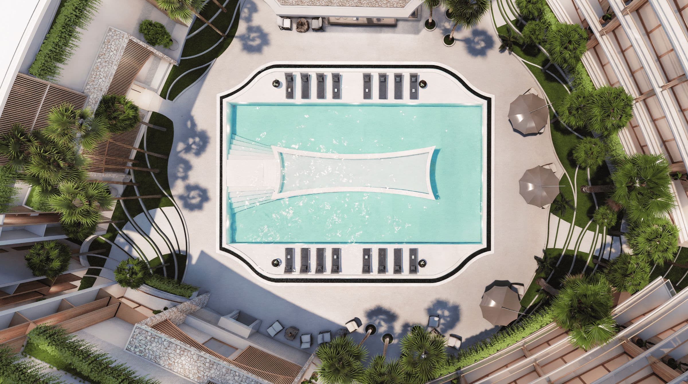 Pool from above, with loungers and umbrellas