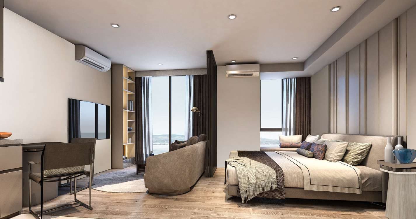 Type A one-bedroom living and bedroom