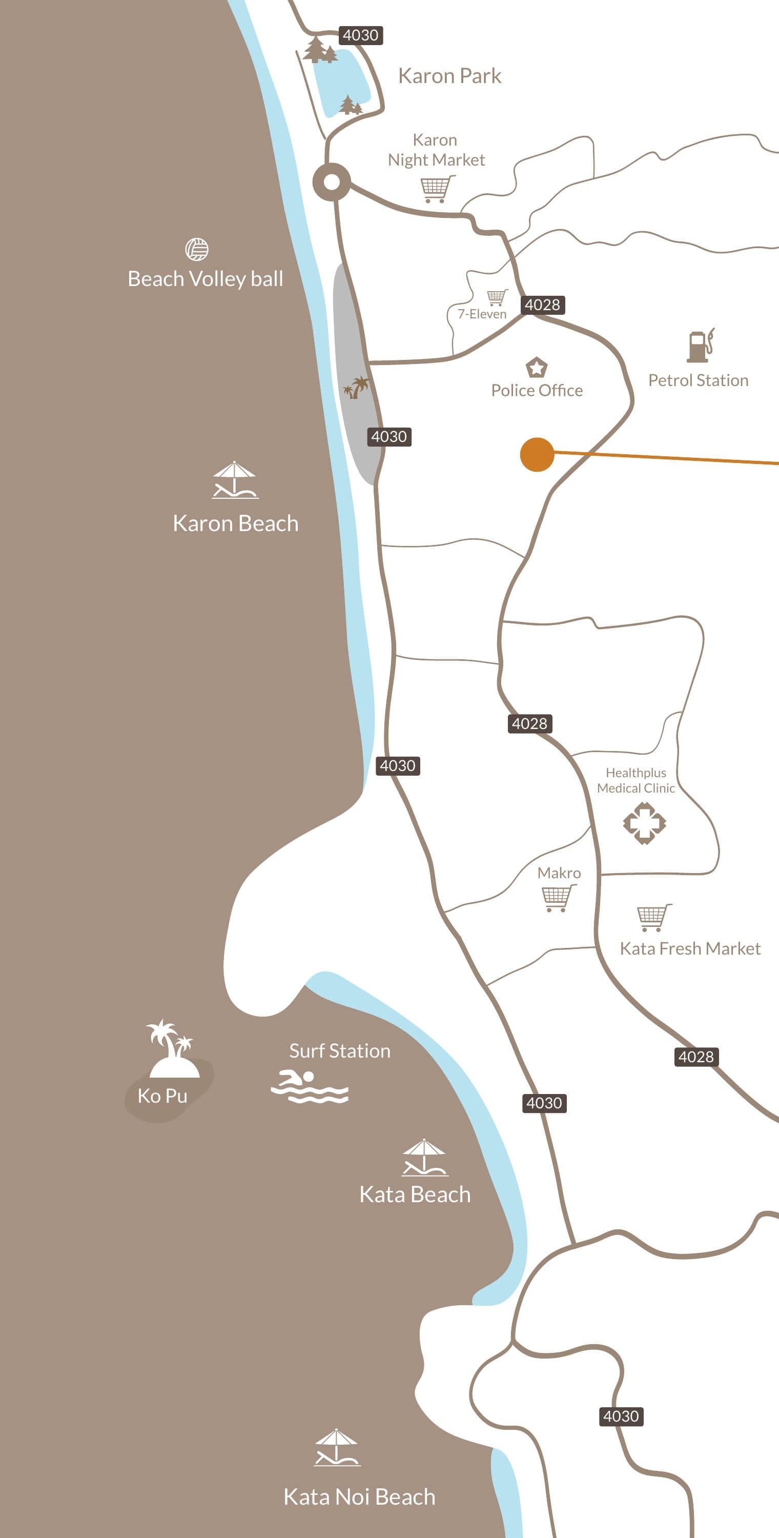VIP Venus Karon location map showing Karon Beach, Kata Beach, Karon Park and roads 4028 and 4030