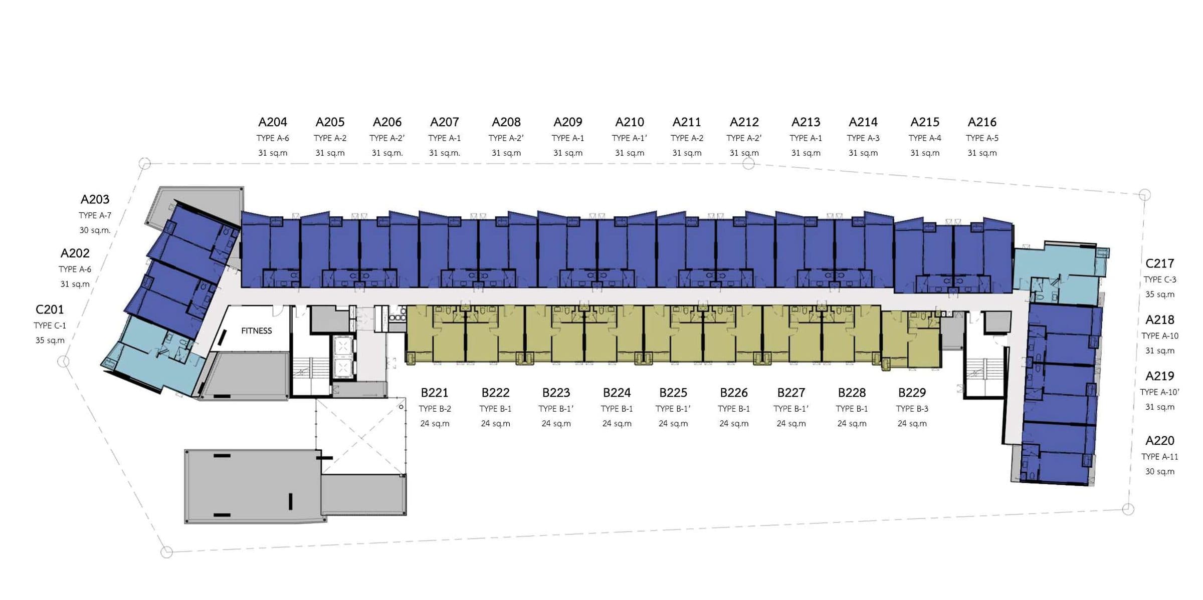 VIP Venus Karon 2nd floor plan with Type A, B and C residences and fitness room