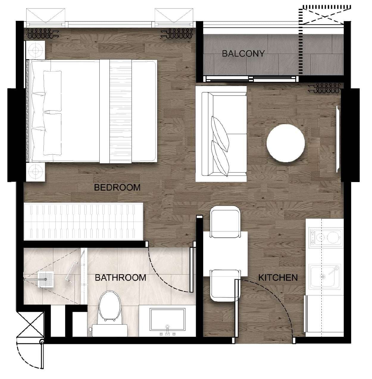 VIP Venus Karon Type B studio plan, 24 sqm, with bedroom, kitchen, bathroom and balcony