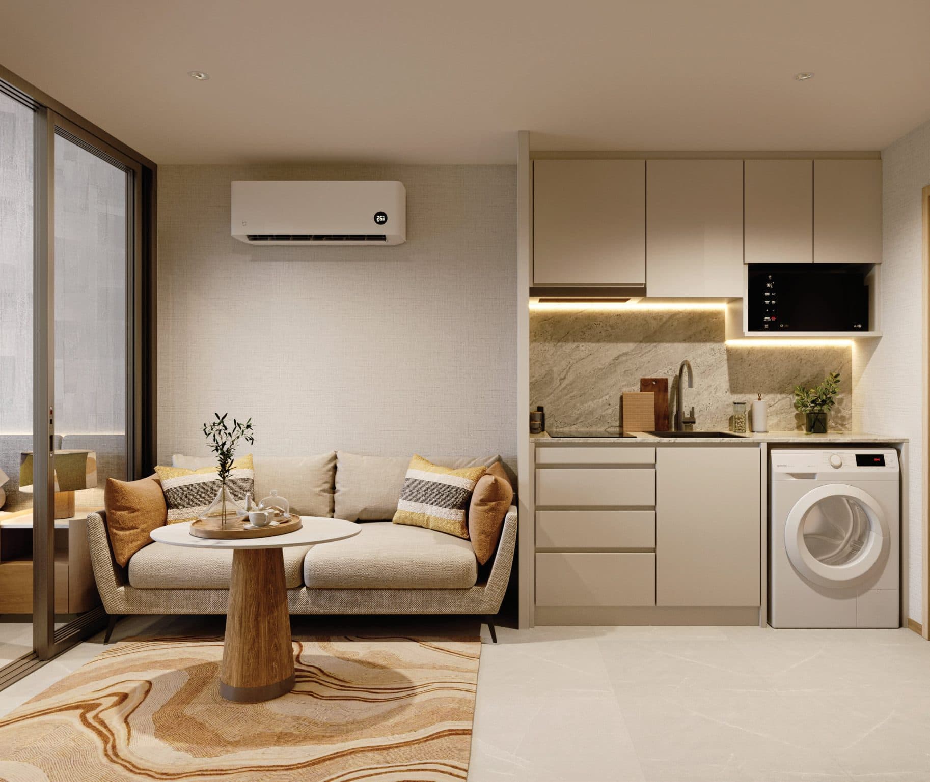 One-bedroom living and kitchen