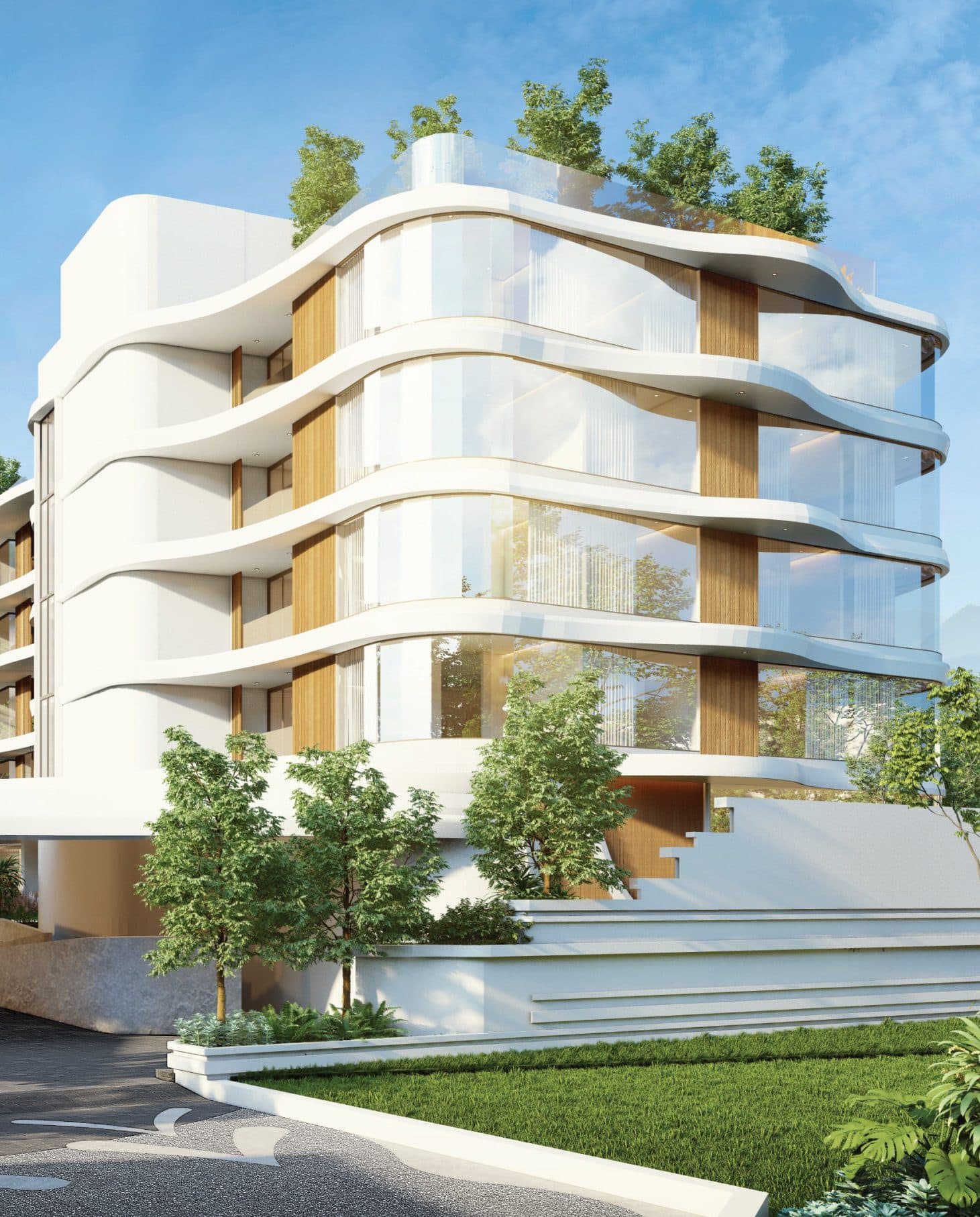 Vibe Residence building with flowing glass balconies and rooftop planting