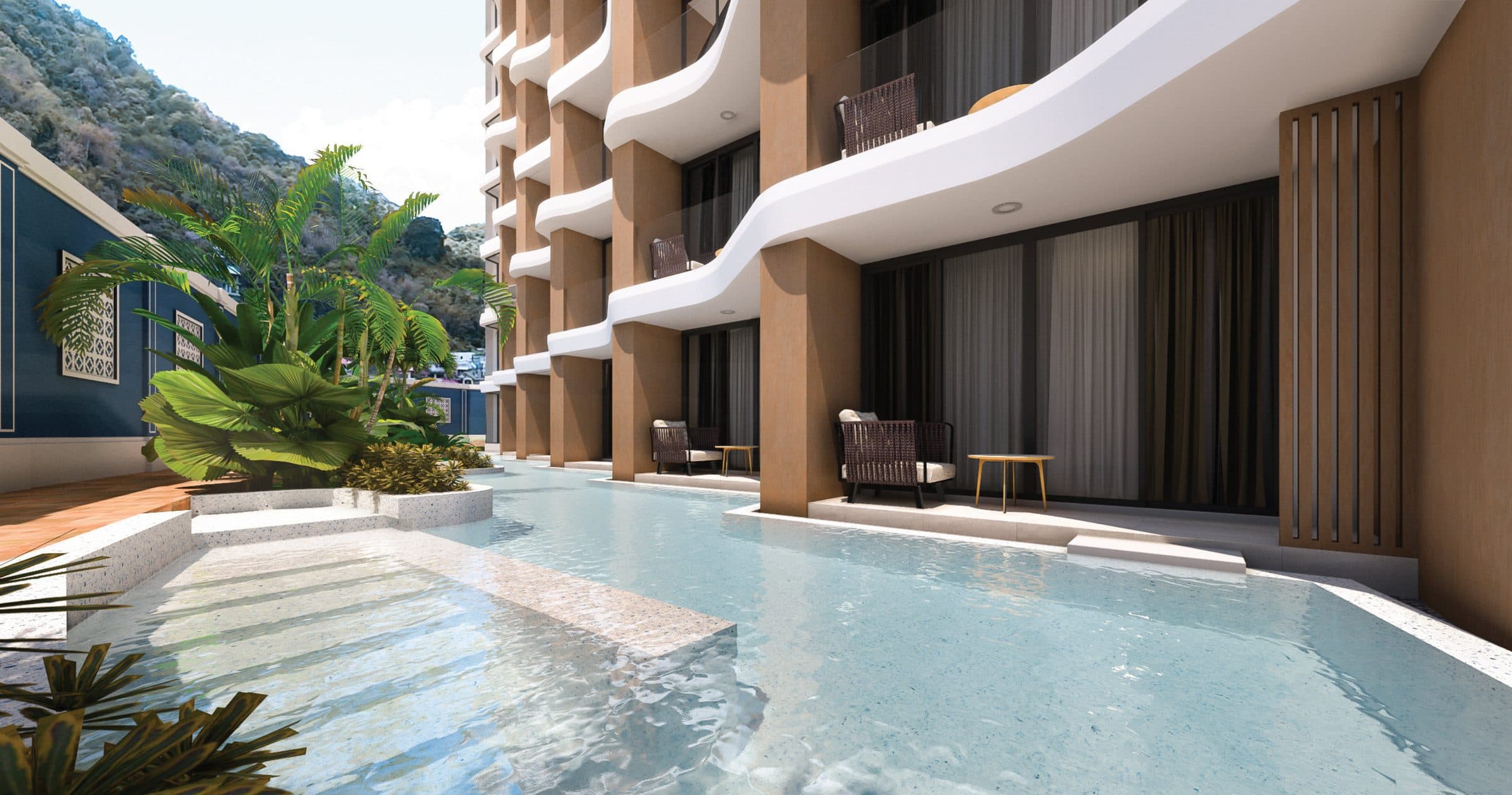 Leisure pool alongside ground-floor terraces