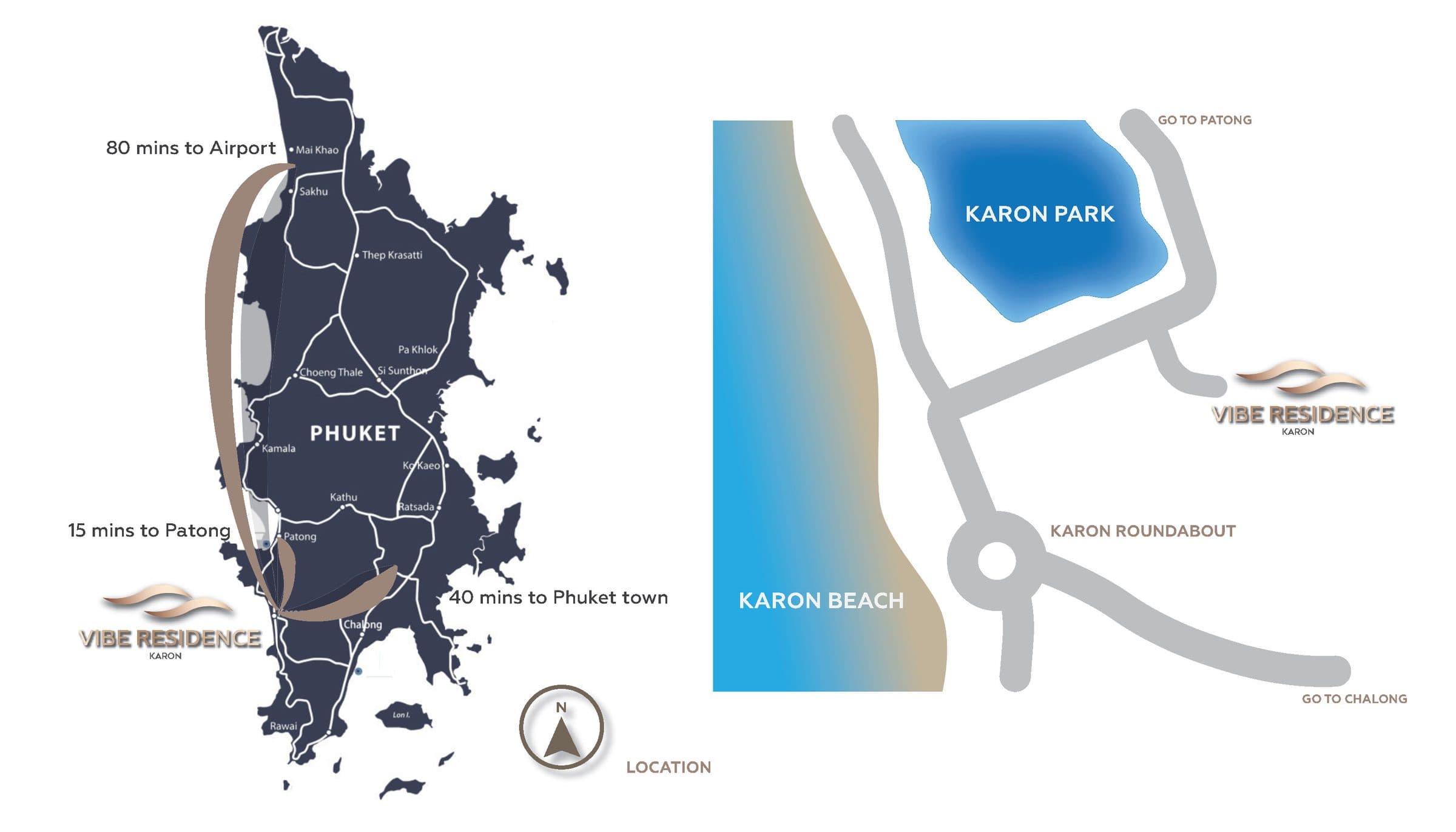 Vibe Residence location maps: Phuket island with drive times, and the site beside Karon Park near Karon Beach and the Karon roundabout
