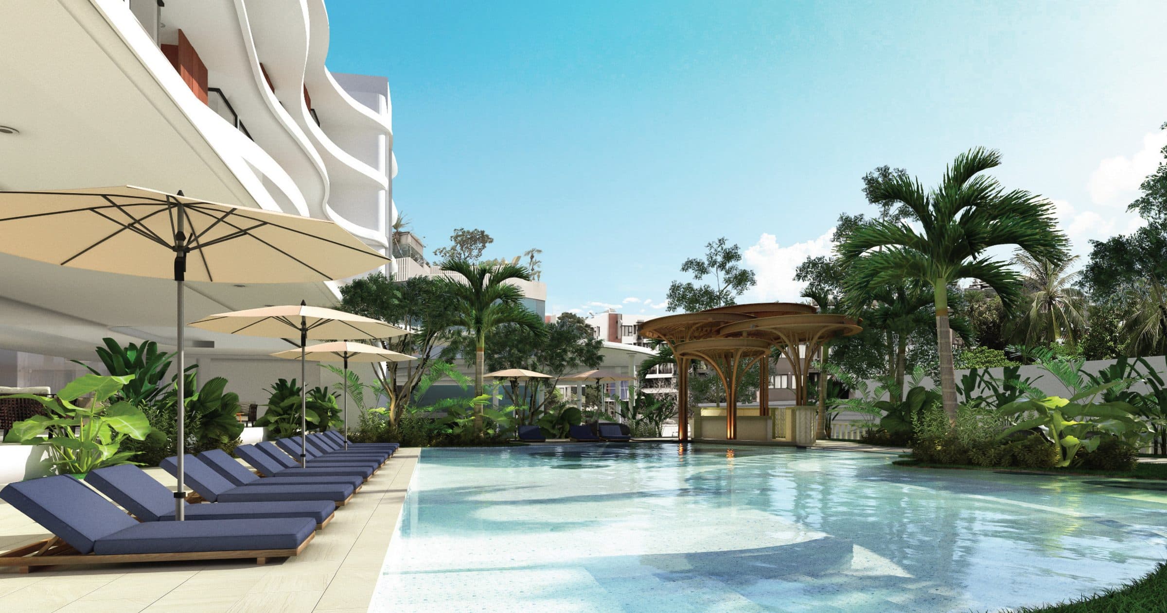Main pool with loungers and pavilion
