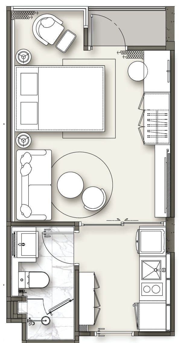 Vibe Residence Type A studio plan, 28 sqm, 1 bed and 1 bathroom