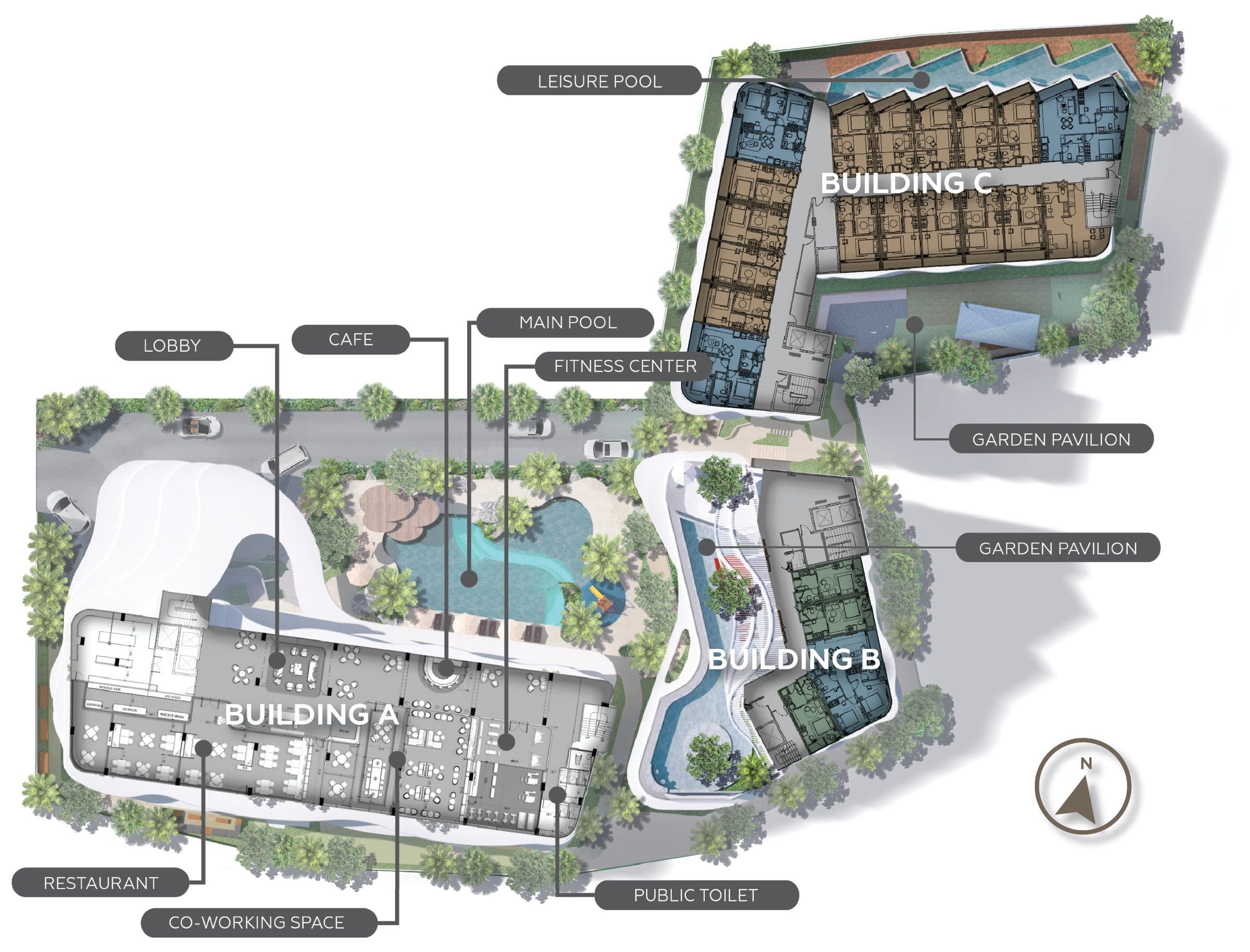Vibe Residence site plan with Buildings A, B and C, main pool, leisure pool and facilities
