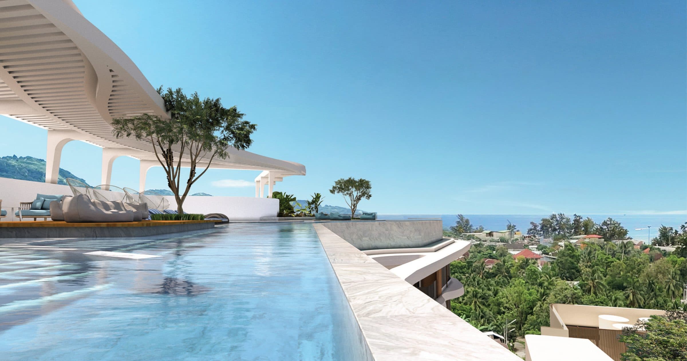 Sky pool edge with sea and hill views