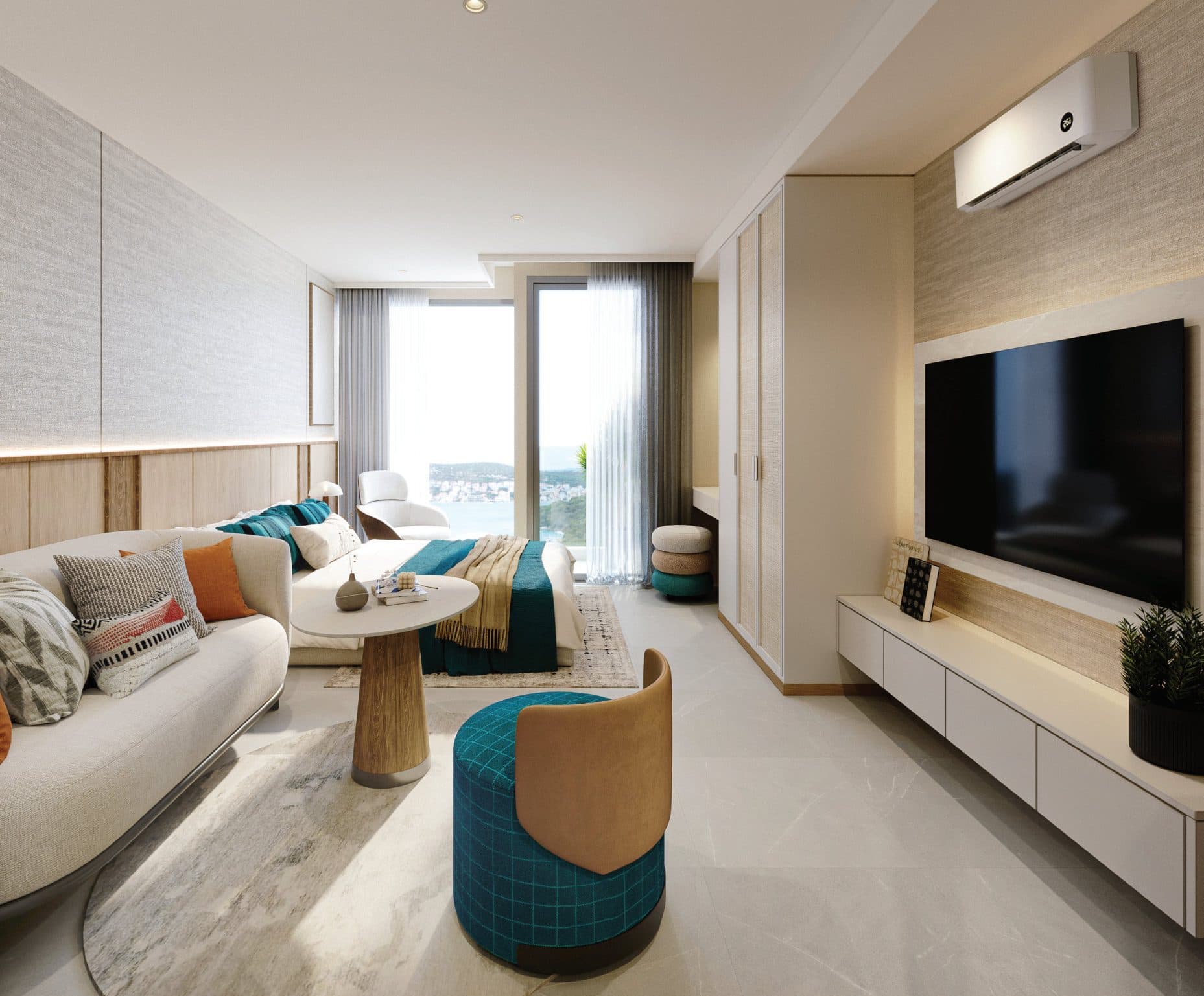 Studio lounge with teal accents and wall-mounted television