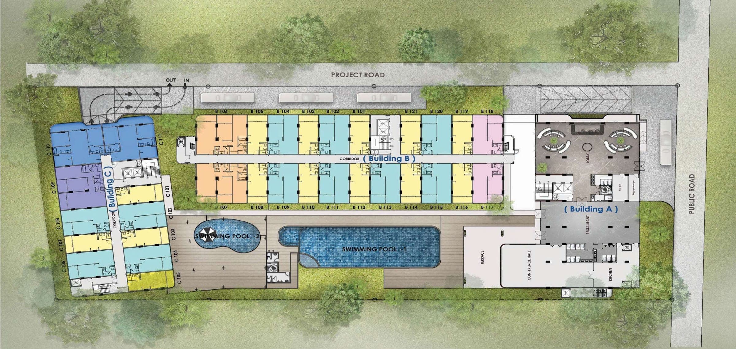 Wallaya Residence 1st floor master plan with Buildings A, B and C and pools