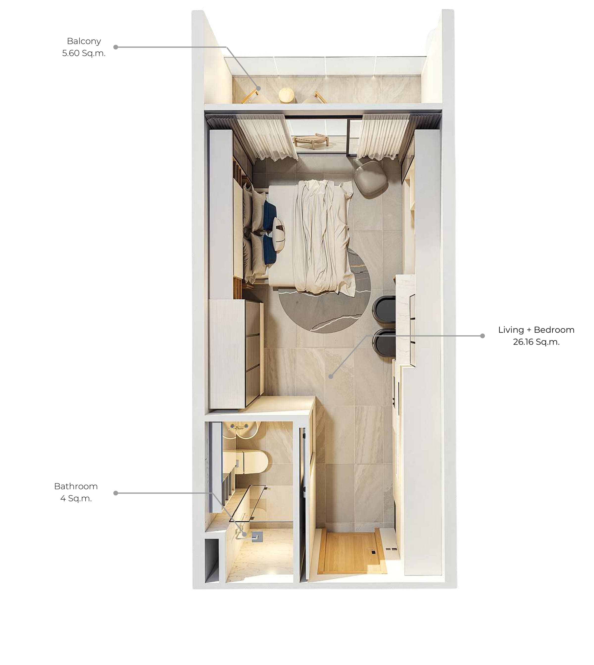 Wallaya Residence studio plan: balcony 5.60 sqm, living and bedroom 26.16 sqm, bathroom 4 sqm