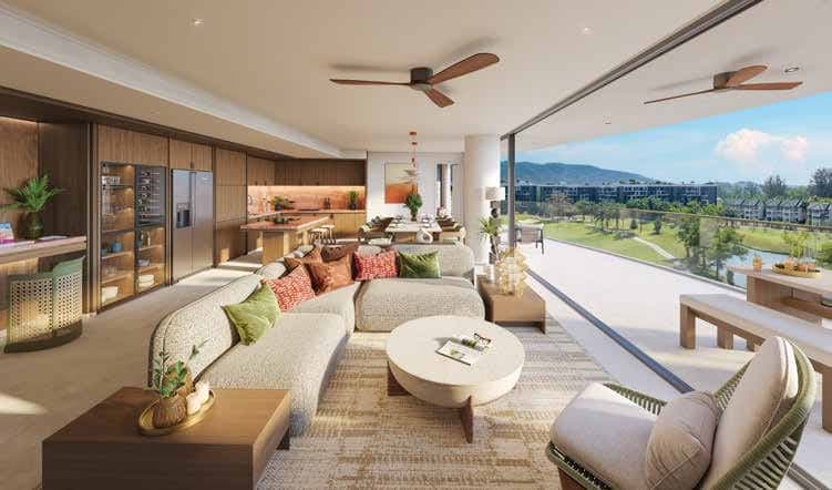 Open living room and kitchen with a terrace over the golf course