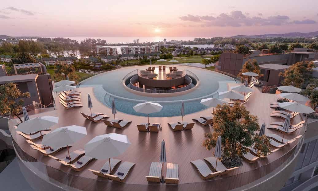 Ring-shaped rooftop pool and sun deck at sunset
