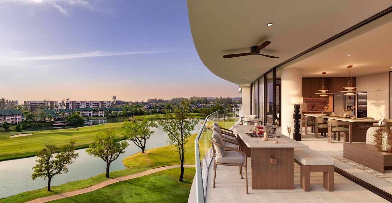 Terrace dining overlooking the golf course and lagoon
