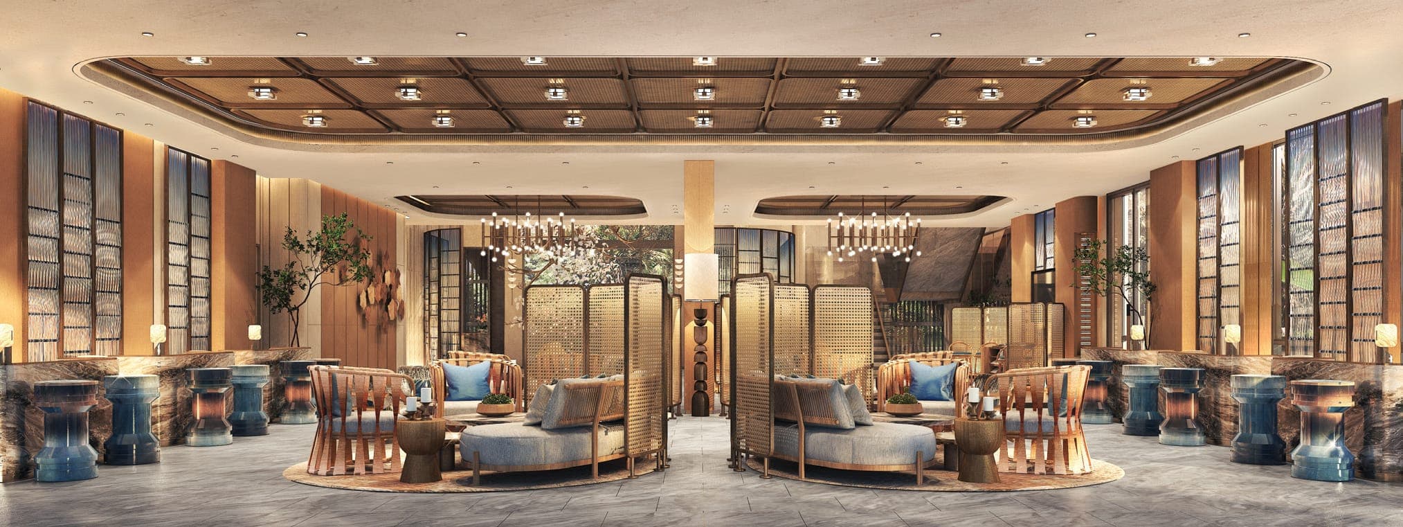 Lobby lounge with rattan screens and chandeliers