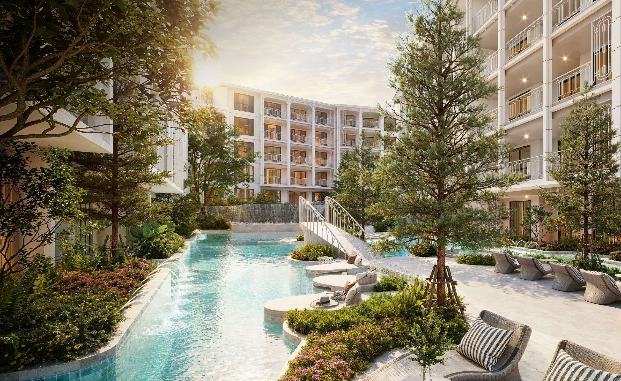 Leisure Lagoon with loungers and garden islands between the buildings