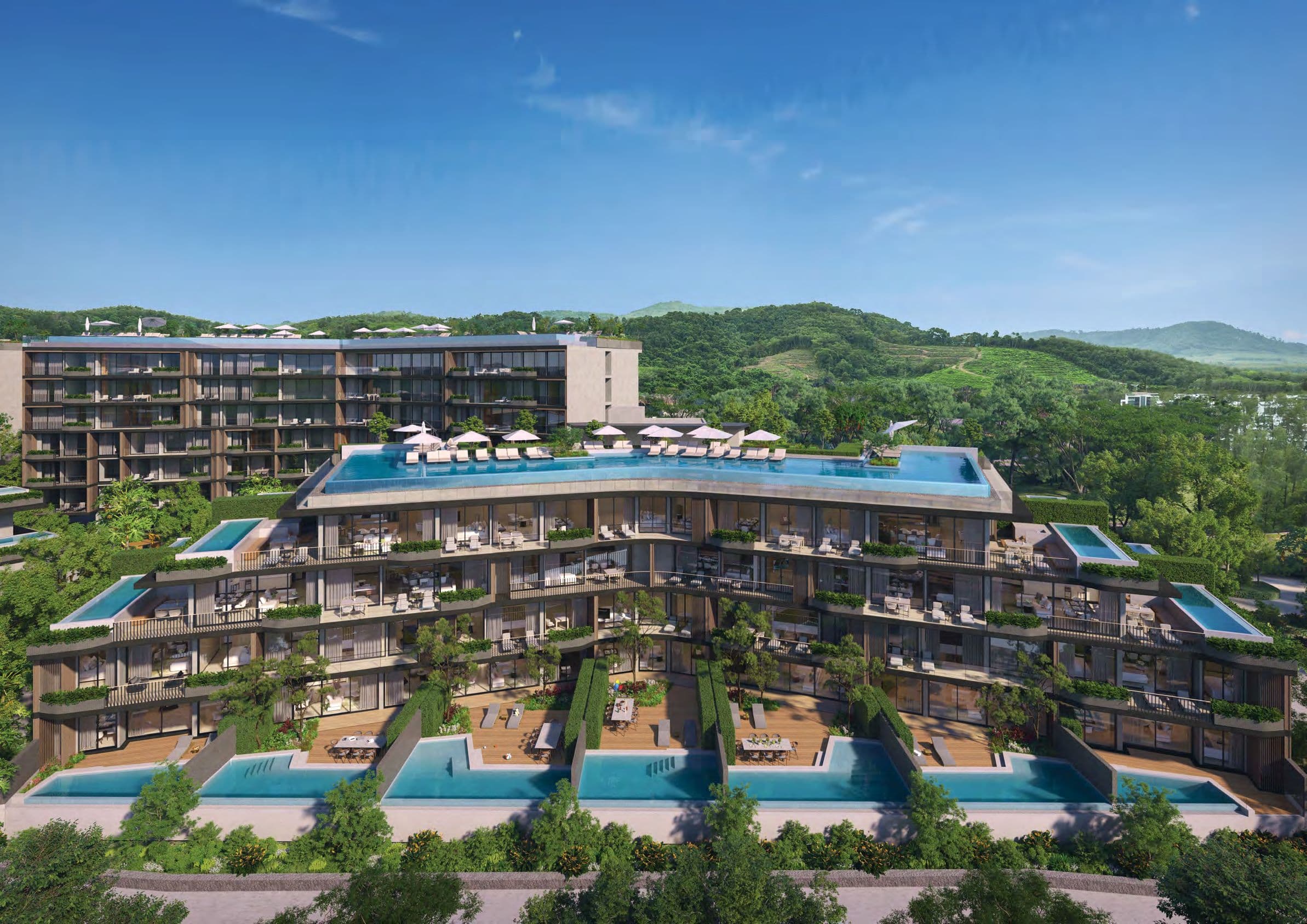 Terraced residences with a rooftop infinity pool and private pools, set against green hills