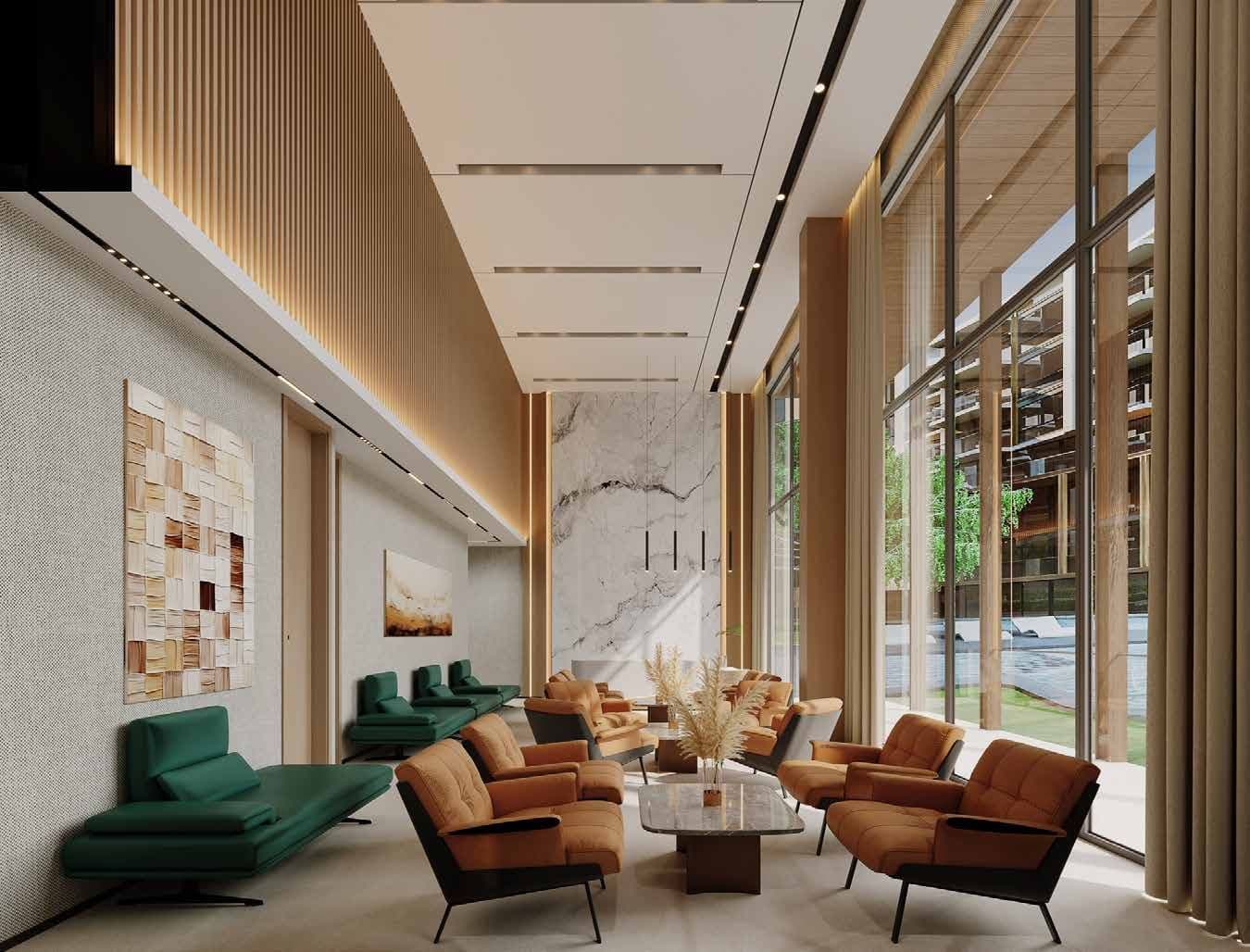 Double-height lobby lounge with timber slats and full-height glazing