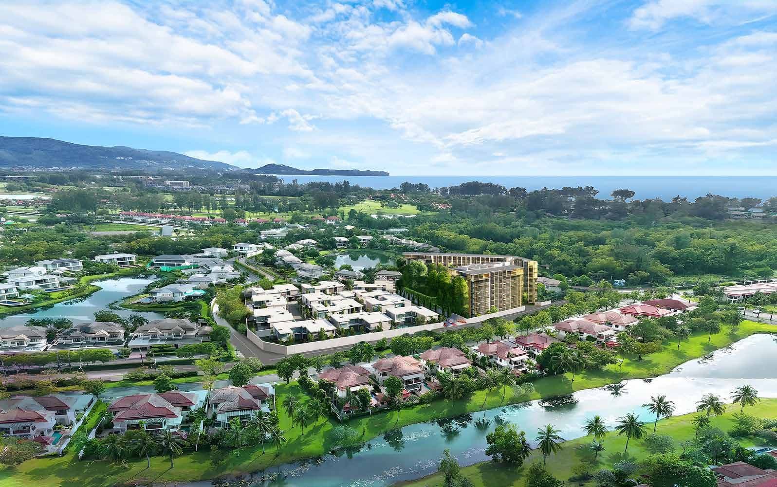 Aerial render of the Pirak villa estate among lagoons and greenery, with Bang Tao Bay beyond
