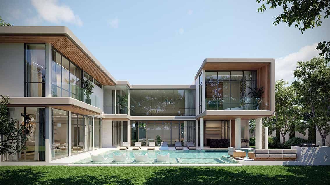 Two-storey Pirak villa with glass facades behind a long private pool and lawn