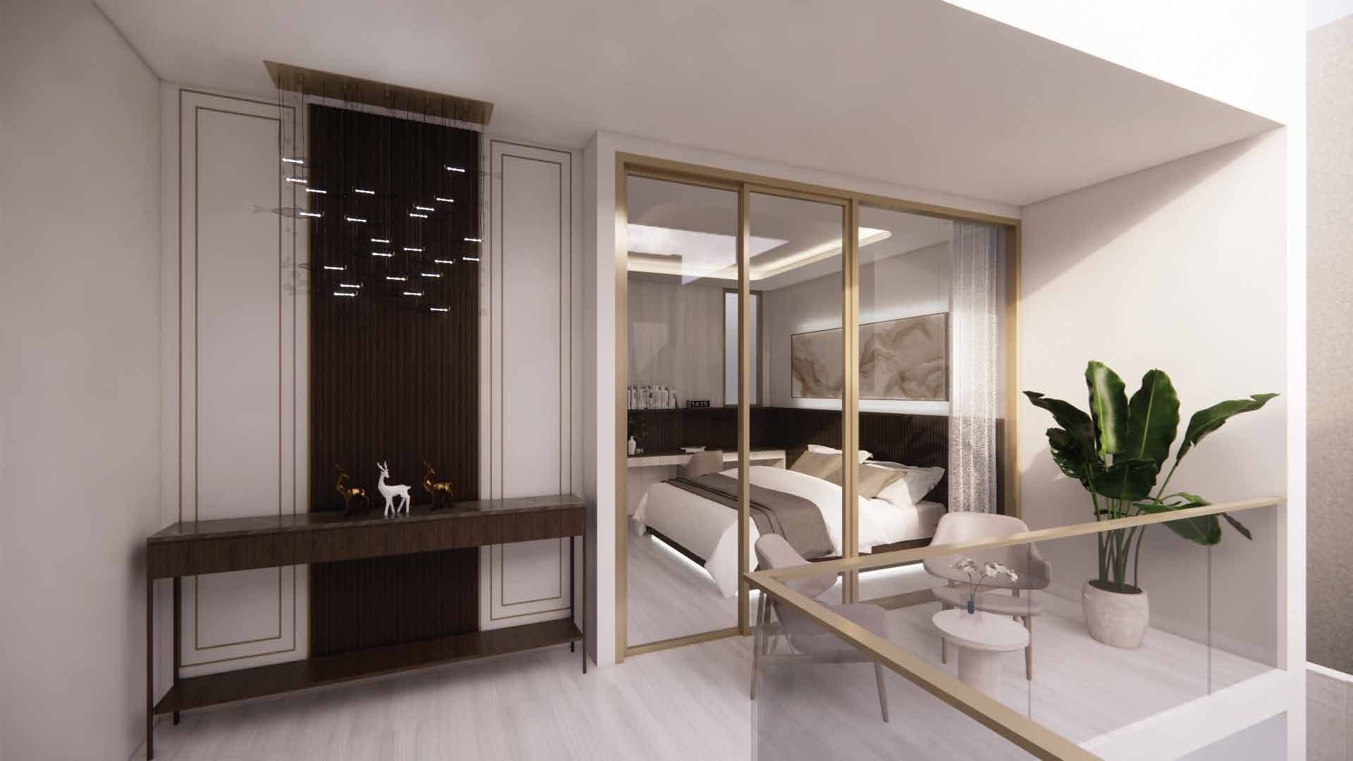 Upstairs terrace-living area with the bedroom behind glass