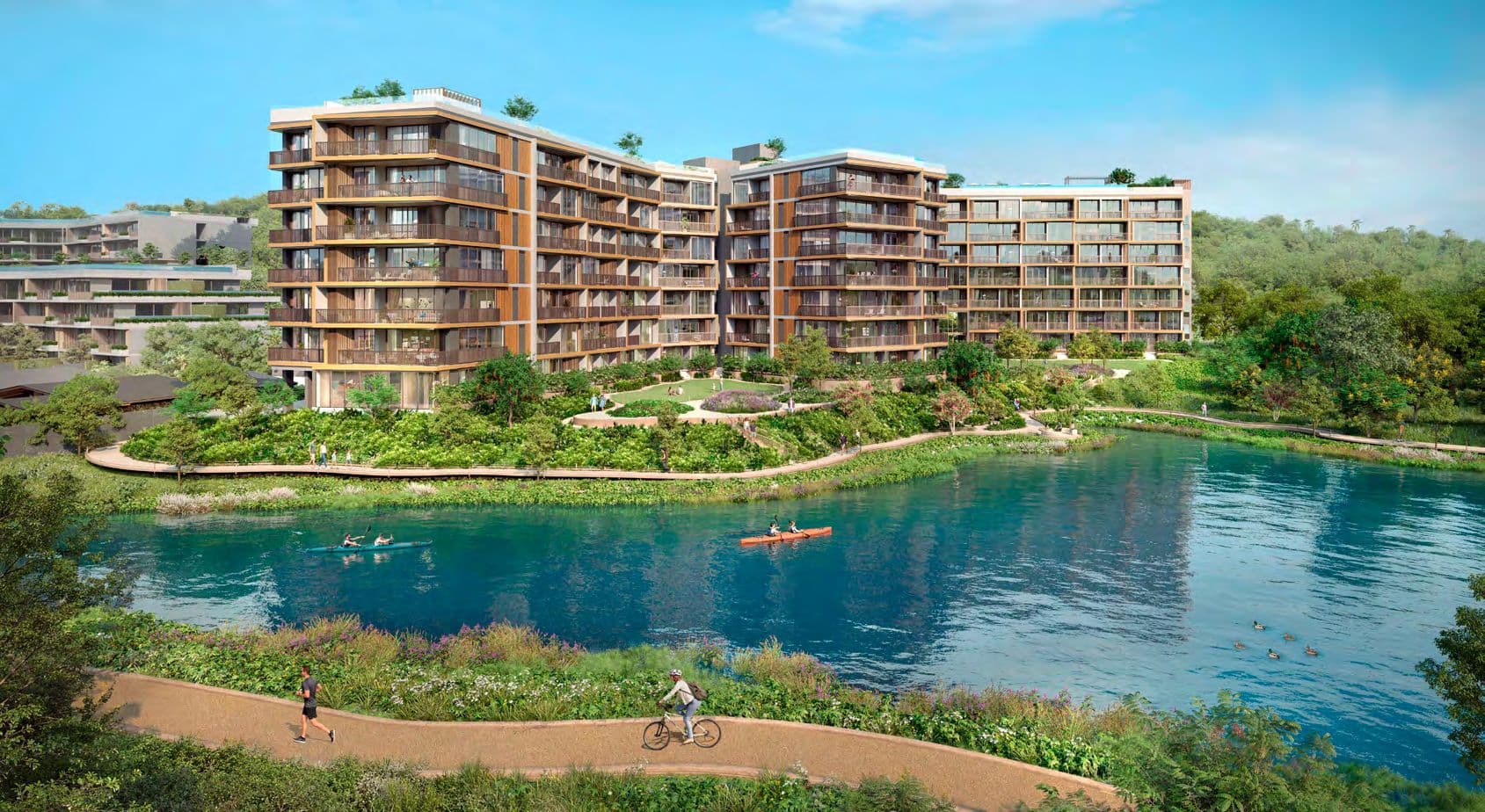 Skypark Elara above the lagoon, with a waterside path in the foreground