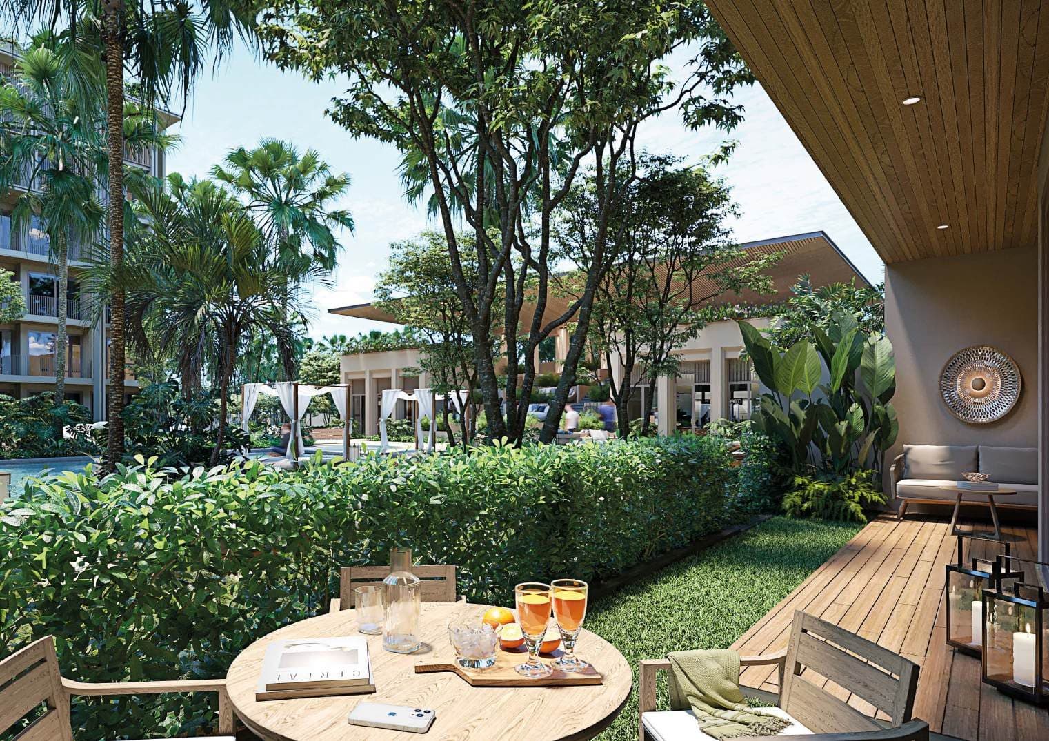 Covered terrace and private garden looking towards the pool and Pavilion