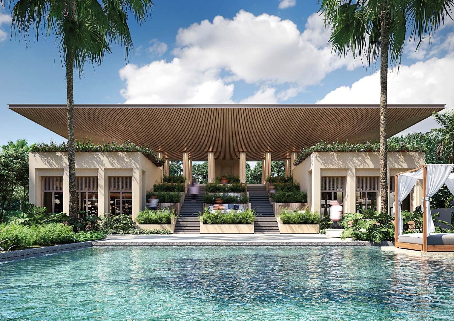 The Pavilion at Sudara behind the main pool, with cabanas and planted terraces